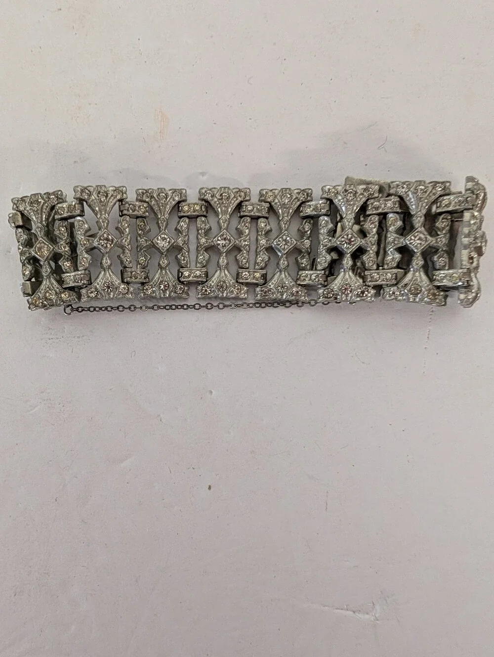 Vintage Bracelet ART DECO Rhinestone Crystal Link Silver Wide Cuff